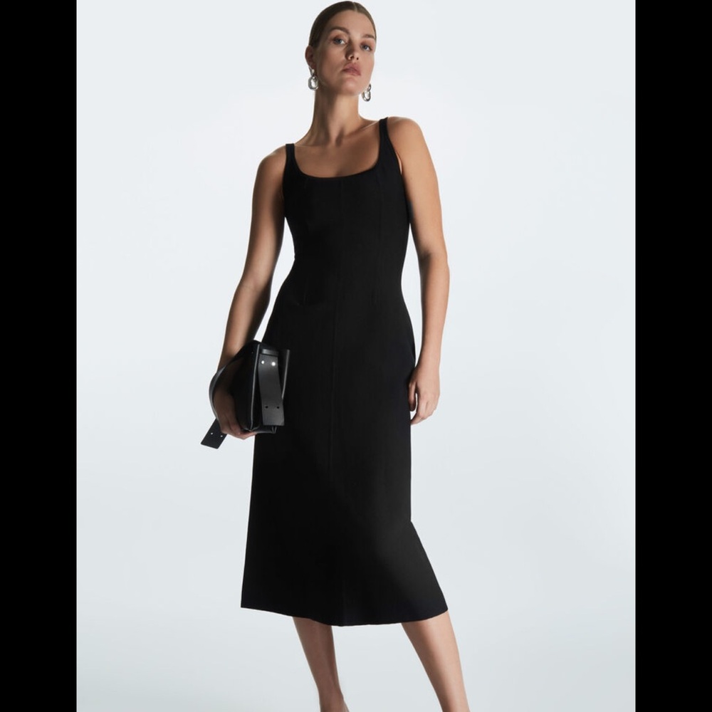 COS Square Neck Black structured Midi Dress